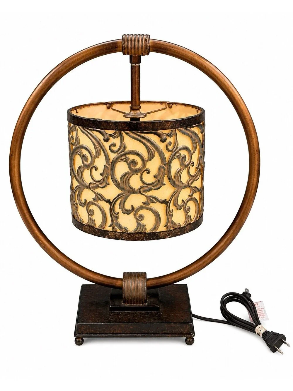 Vintage Metal Hoop Table Lamp Scrollwork Drum Shade Bronze 22” Boho Decor